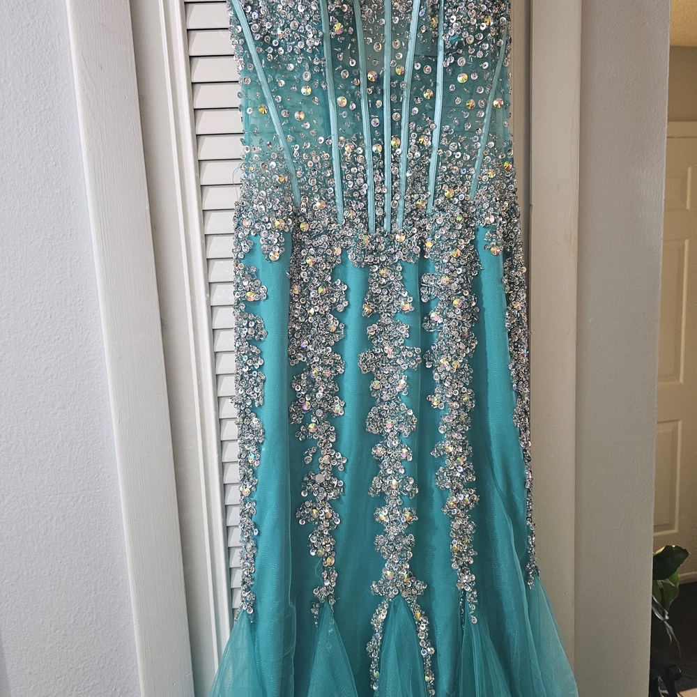 Sparkling Teal Gown with Silver Embellishments